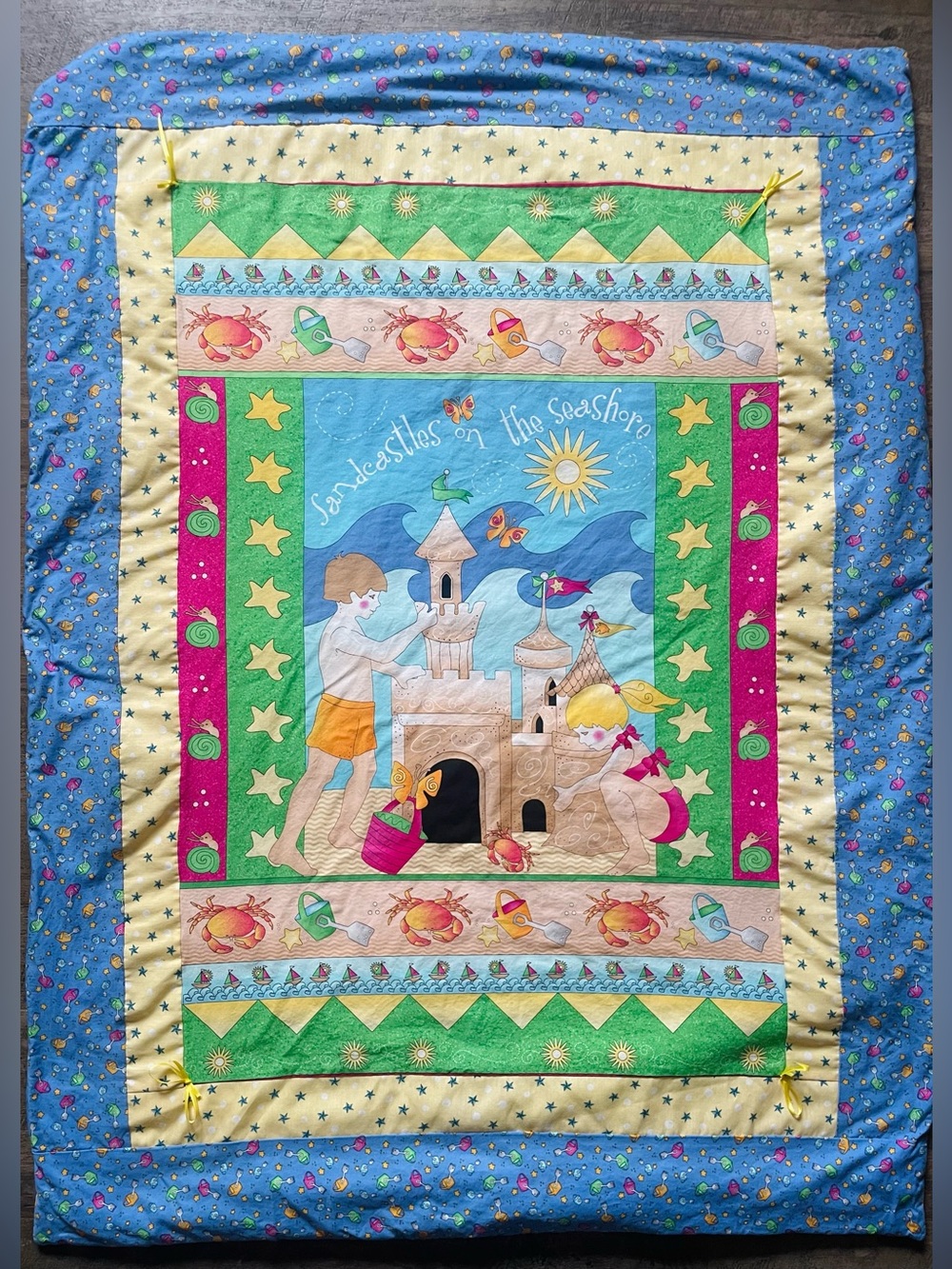 Child’s Quilt Throw Wall Decor Beach Castle Theme Bright Colors Hand Tied 35x47